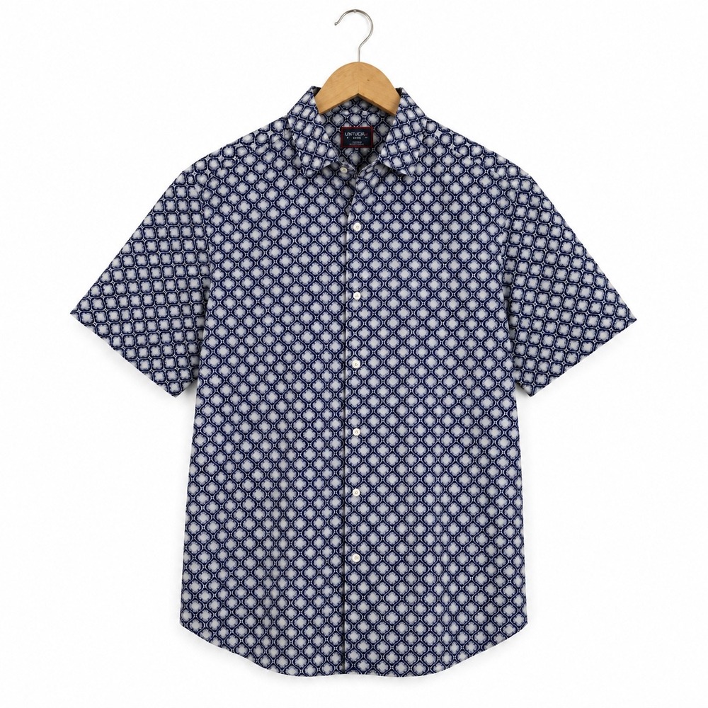 UNTUCKit Mens Navy Blue White Geometric Quatrefoil Short Sleeve Cotton Shirt L